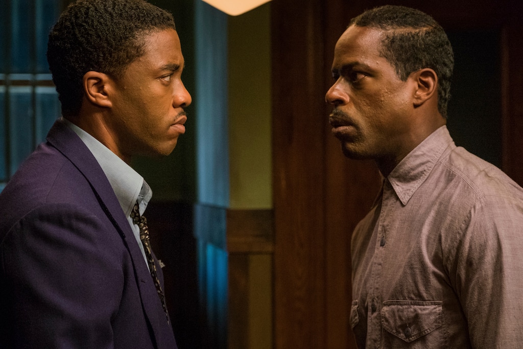 (Barry Wetcher/Open Road Films via AP) This image released by Open Road Films shows Chadwick Boseman, left, and Sterling K. Brown in a scene from "Marshall."