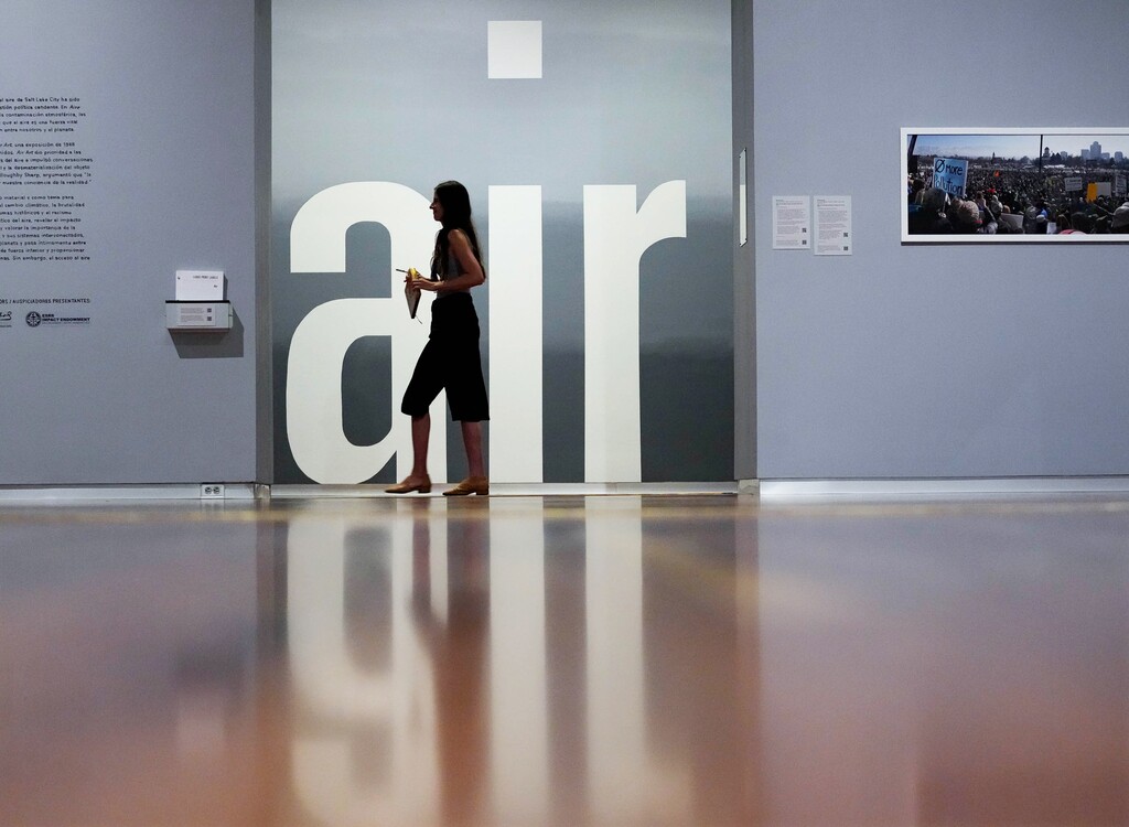 (Francisco Kjolseth | The Salt Lake Tribune) Using ink made from smog particles and painted by hand, the title wall and surrounding descriptors are all part of a new exhibit at the Utah Museum of Fine Arts meant to bring attention to the emergency of Salt Lake City’s air quality issues. The new exhibit on the University of Utah campus, “Air,” featuring recent works by 16 artists — three of them from Utah — will be open to the public through Dec. 11, 2022.