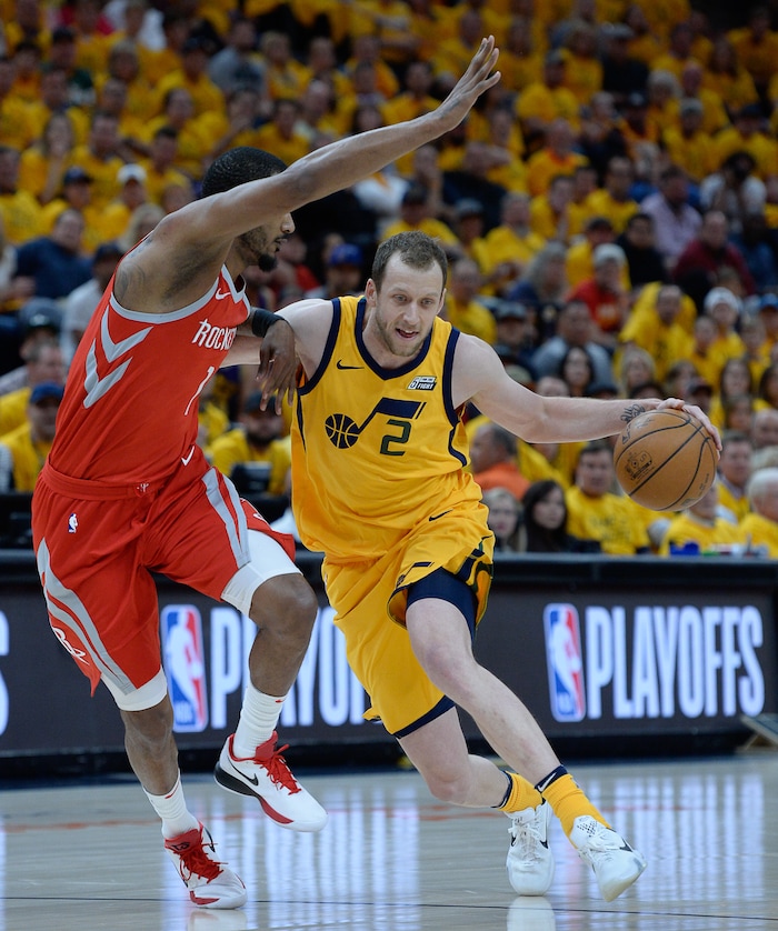(Francisco Kjolseth | The Salt Lake Tribune) Houston Rockets forward Trevor Ariza (1) puts the pressure on Utah Jazz forward Joe Ingles (2) in Game 4 of the NBA playoffs at the Vivint Smart Home Arena Sunday, May 6, 2018 in Salt Lake City.