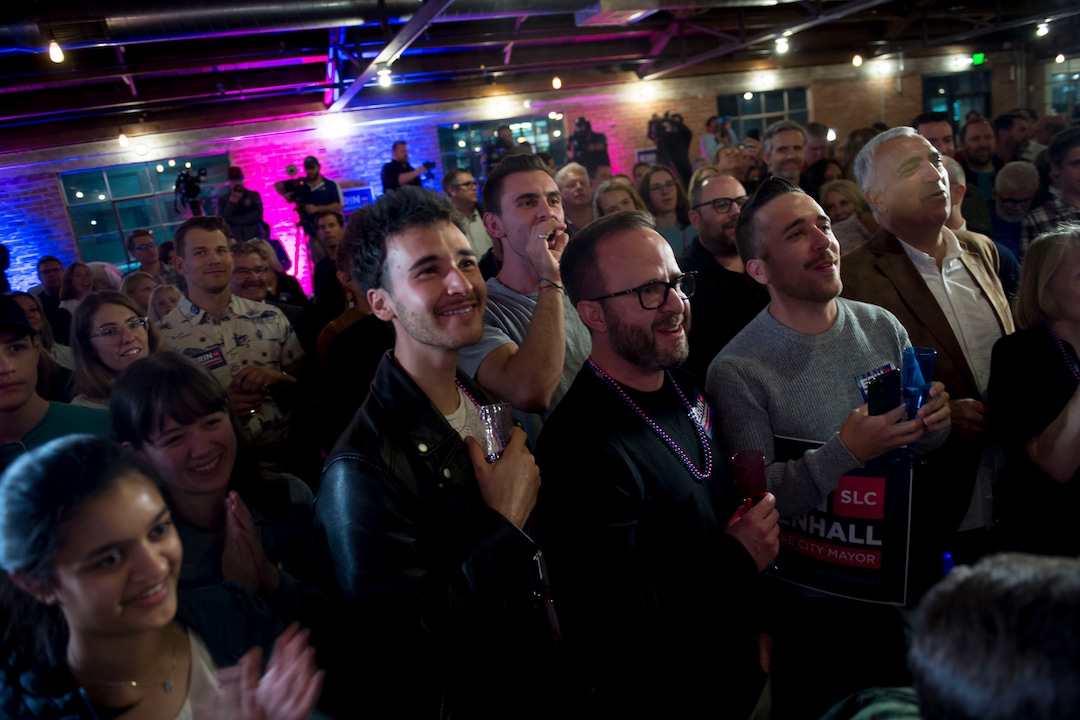 (Jeremy Harmon  |  The Salt Lake Tribune) Erin Mendenhall supporters cheer as she speaks after taking a lead over her opponent, Luz Escamilla, on election night Tuesday, Nov. 5, 2019.