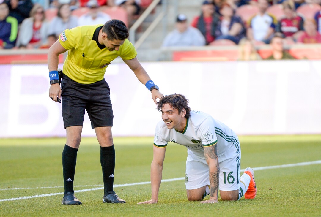 Leah Hogsten  |  The Salt Lake Tribune  Referee Ramy Touchan check on Portland Timbers defender Zarek Valentin (16) during the fist half. Real Salt Lake hosts the Portland Timbers, Saturday, May 4, 2019 at Rio Tinto Stadium in Salt Lake City.