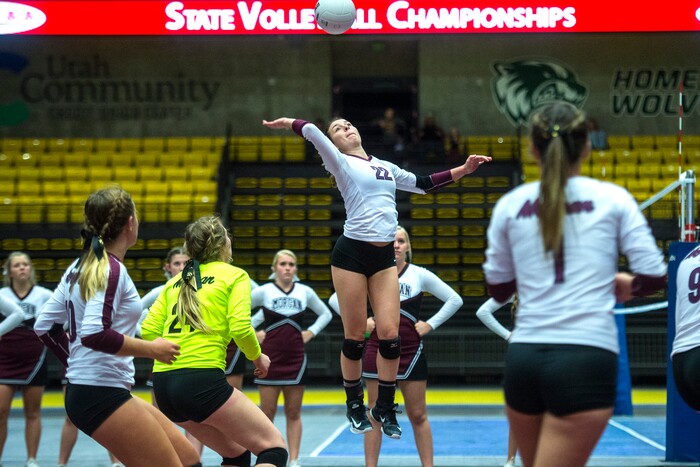 (Chris Detrick  |  The Salt Lake Tribune)  Morgan's Danielle Wortman (22) spikes the ball during the the 3A volleyball state championships at the UCCU Center at Utah Valley University Thursday, October 26, 2017.  Morgan defeated North Sanpete 3-0.