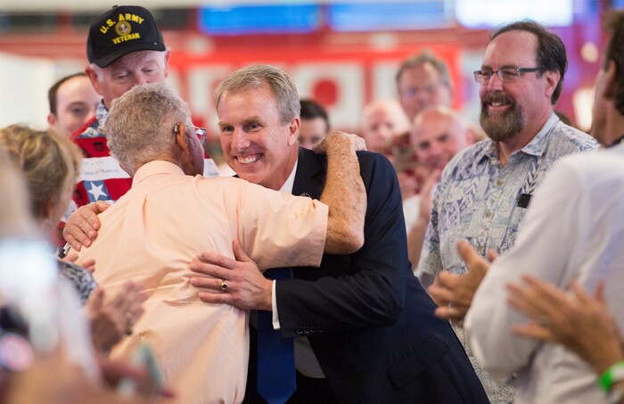 Leah Hogsten | The Salt Lake Tribune
Utah's 3rd District primary candidate, former state Rep. Chris Herrod greets attendees at his election rally after a stump speech from Republican Sen. Ted Cruz of Texas, June 29, 2017 at Entrata in Lehi.