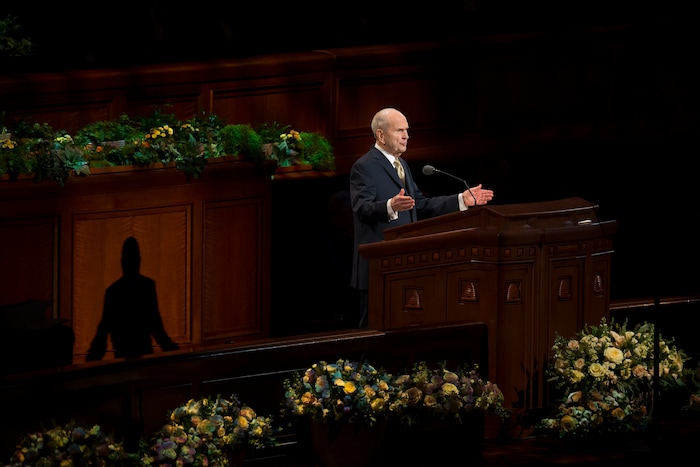 (Jeremy Harmon  |  The Salt Lake Tribune)  President Russell M. Nelson announces the church will no longer have home teachers or visiting teachers during the Sunday afternoon session of General Conference on April 1, 2018.