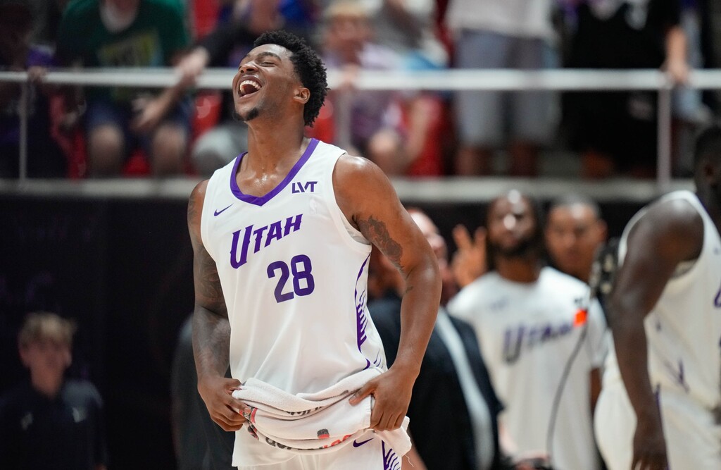 (Francisco Kjolseth | The Salt Lake Tribune) Utah Jazz forward Brice Sensabaugh (22) celebrates a 112-111 win over the Memphis Grizzlies during an NBA Salt Lake City Summer League game at the Jon M. Huntsman Center on the University of Utah campus, Monday, July 7, 2025.