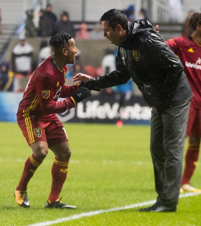 (Rick Egan  |  The Salt Lake Tribune)  Real Salt Lake forward Joao Plata (10) talks to  head coach Mike Petke, in MLS soccer action, Real Salt Lake vs Seattle Sounders, in Sandy, Utah, Saturday, September 23, 2017.