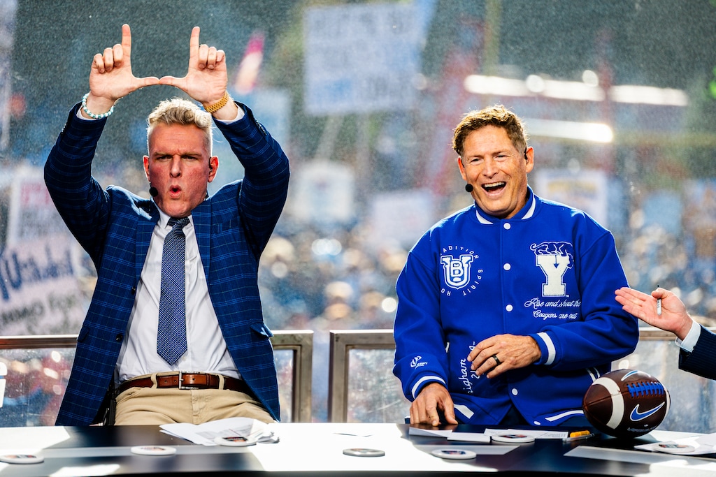 (Donovan Kelly | Special to The Tribune) . Pat McAfee and Steve Young during ESPN's "College GameDay" at BYU, Oct. 17, 2026.