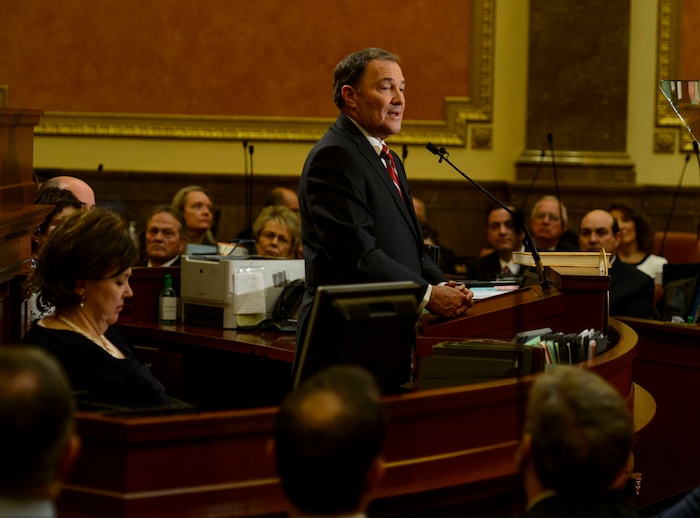 (Steve Griffin  |  The Salt Lake Tribune) Gov. Gary Herbert gives his State of the State address in the Utah House of Representatives in Salt Lake City Wednesday January 24, 2018.