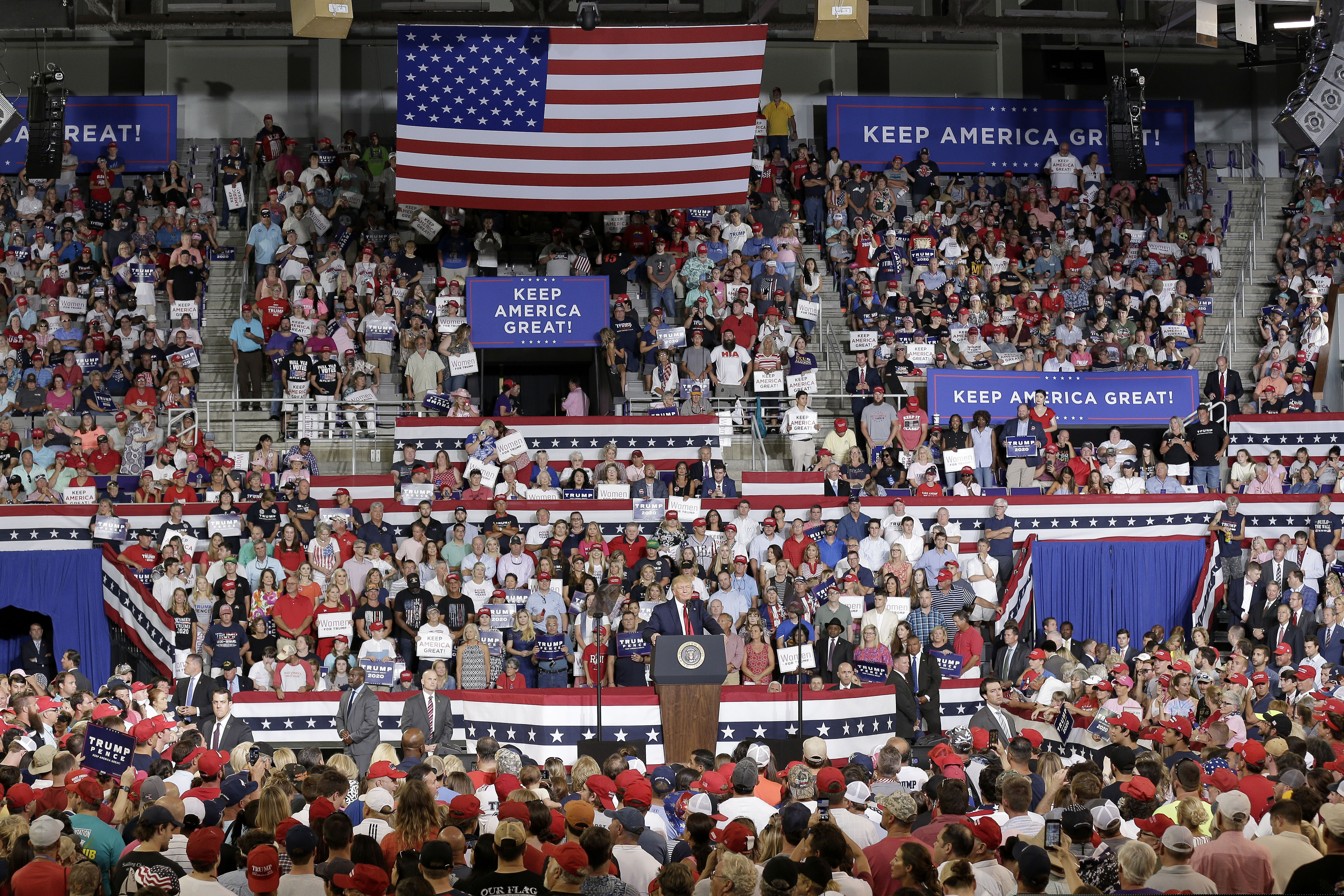 President Donald Trump speaks at a campaign rally in Greenville, N.C., Wednesday, July 17, 2019. (AP Photo/Gerry Broome)