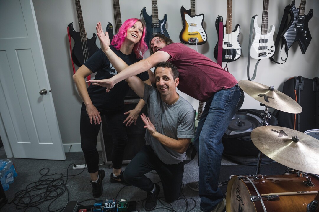 (Clark Clifford  |  For The Salt Lake Tribune) Chris Bennett, Elaine Bradley, and Bryce Taylor of Noble Bodies at their practice for an upcoming show in the band's rehearsal space in Orem on Saturday, Aug. 3, 2019.