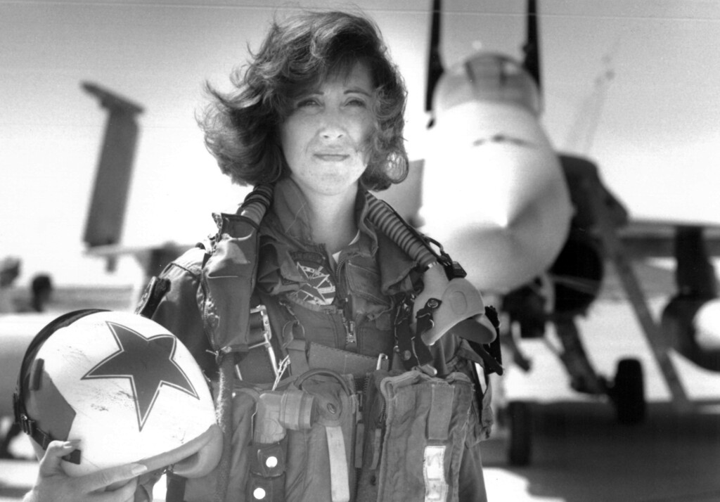 (Thomas P. Milne | U.S. Navy | The Associated Press) In this image provided by the U.S. Navy, Lt. Tammie Jo Shults, one of the first women to fly Navy tactical aircraft, poses in front of an F/A-18A with Tactical Electronics Warfare Squadron (VAQ) 34 in 1992. After leaving active duty in early 1993, Shults served in the Navy Reserve until 2001. Shults was the pilot of the Southwest plane that made an emergency landing on April 17, 2018, after an engine explosion.