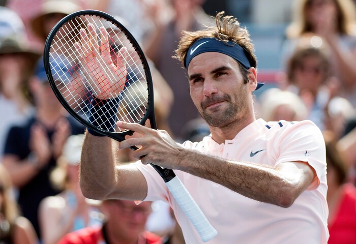 Roger Federer, of Switzerland, celebrates his victory over Roberto Bautista Agut, of Spain, during quarterfinal play at the Rogers Cup tennis tournament, Friday Aug. 11, 2017, in Montreal. (Paul Chiasson/The Canadian Press via AP)