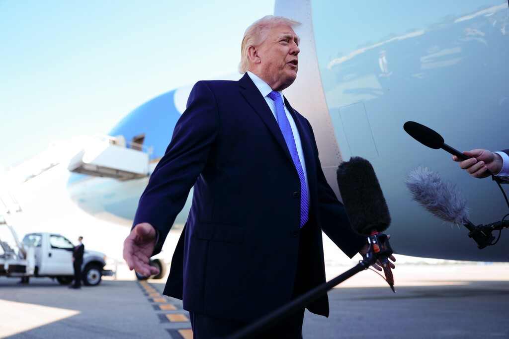 (Tierney L. Cross | The New York Times) President Donald Trump speaks to reporters before boarding Air Force One to depart Palm Beach International Airport in West Palm Beach, Fla., on Monday, March 23, 2026.