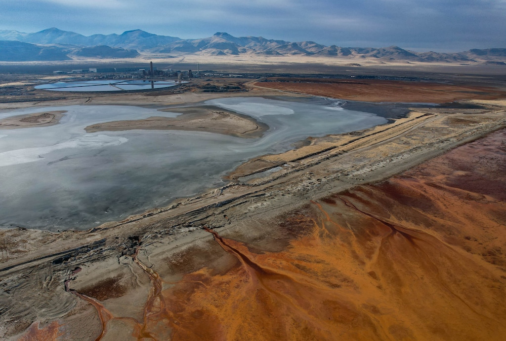 (Francisco Kjolseth  | The Salt Lake Tribune) The retrofitted waste pond at US Magnesium, which has ceased operations at the magnesium plant on the western edge of the Great Salt Lake, is pictured on Thursday, Dec. 12, 2024.