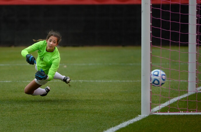 (Scott Sommerdorf   |  The Salt Lake Tribune)   Syracuse goalkeeper Gabby Segura lets in Jamie Shepherd's game-winning goal during second half play. American Fork beat Syracuse 3-1 to win the 6A championship game played at Rio Tinto, Friday, October 20, 2017. 