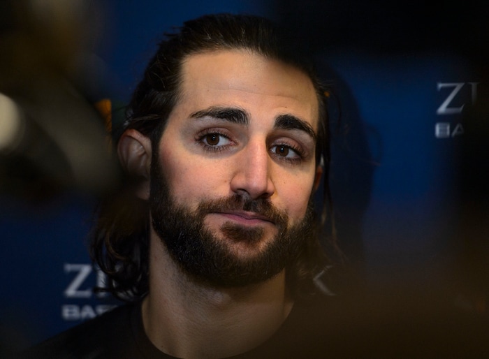 (Steve Griffin  |  The Salt Lake Tribune)  Utah Jazz guard Ricky Rubio (3) talks with he media following the Utah Jazz practice at the Zions Bank Basketball Campus in Salt Lake City Friday April 13, 2018.