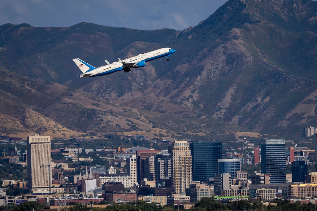 (Rick Egan | The Salt Lake Tribune) Air Force 2, carrying Vice President JD Vance, leaves Roland R. Wright Air National Guard Base in Salt Lake City on Thursday, Sept. 11, 2025.