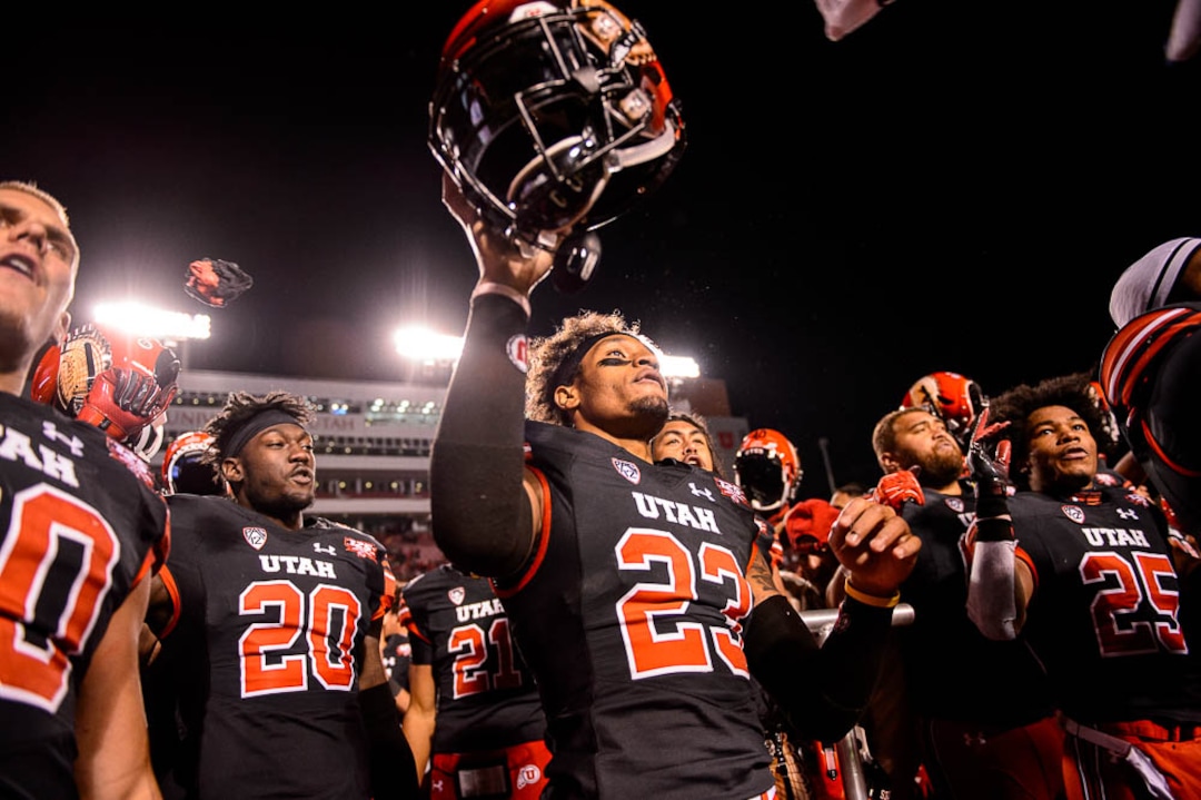 (Trent Nelson | The Salt Lake Tribune)  Utah players celebrate the win. Utah Utes host the Oregon Ducks, NCAA football at Rice-Eccles Stadium in Salt Lake City on Saturday Nov. 10, 2018.