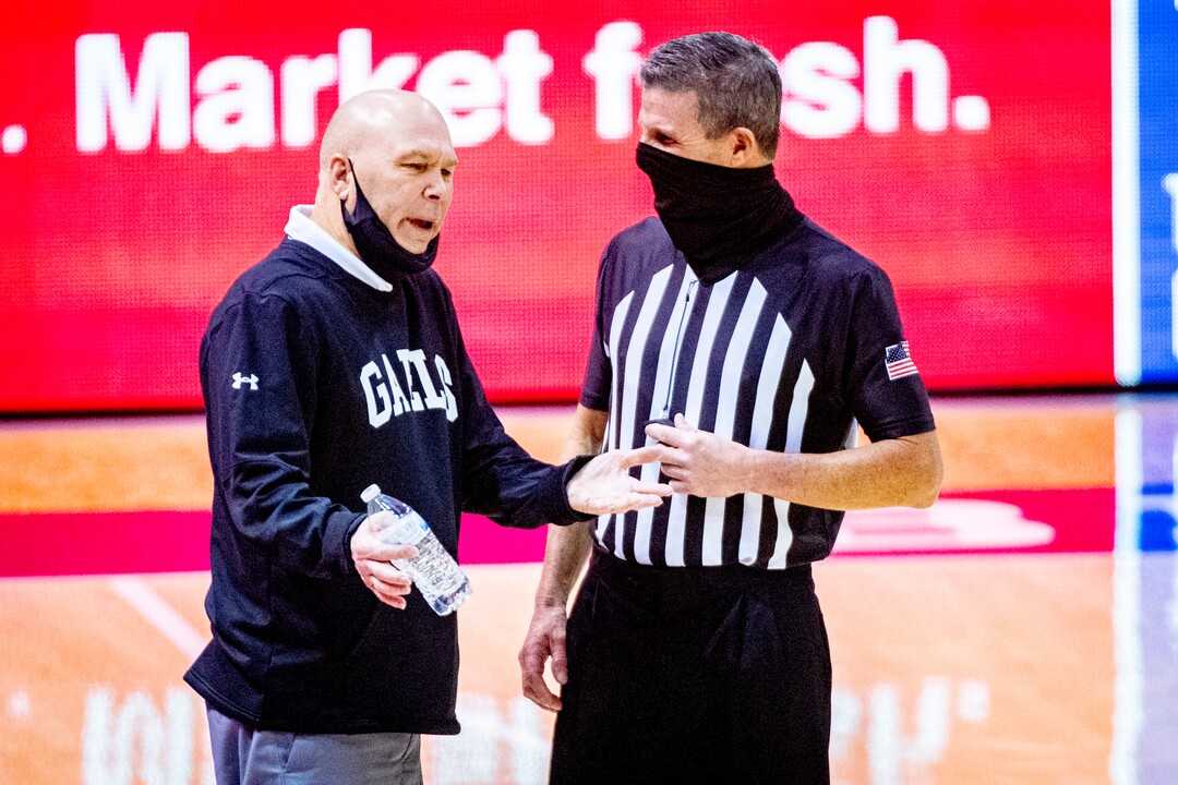 (Isaac Hale | Special to The Tribune) St. Mary's College head coach Randy Bennett talks with an official during a game between the BYU Cougars and the Saint Mary’s College of California Gaels held at the Marriott Center in Provo on Saturday, Feb. 27, 2021.