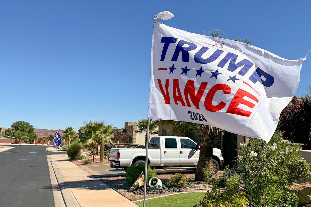 (Mark Eddington | The Salt Lake Tribune) Flags supporting the election of Donald Trump are seen in Washington County, Tuesday, Sept. 24, 2024.