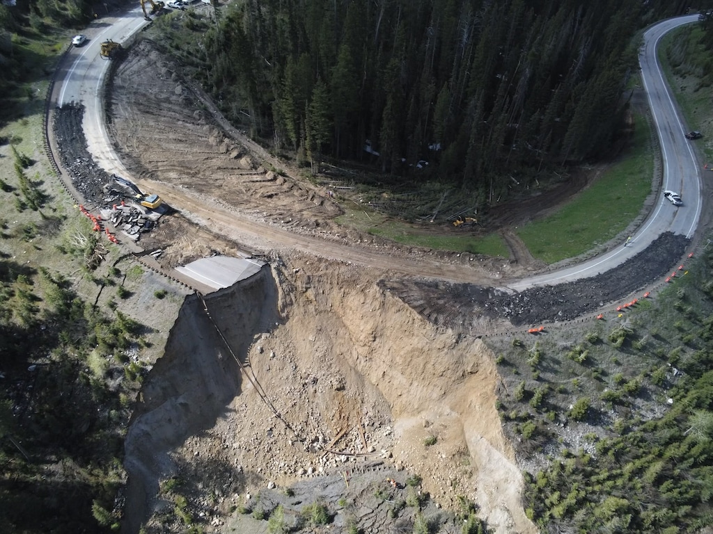 (Wyoming Department of Transportation) Teton Pass after road collapse on June 12, 2024.