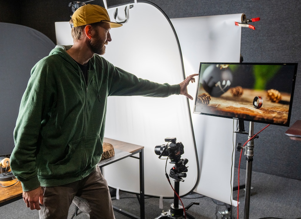 (Rick Egan | The Salt Lake Tribune)  Senior creative manager Brad Murdock works in the photo studio at Manly Bands in Lindon.