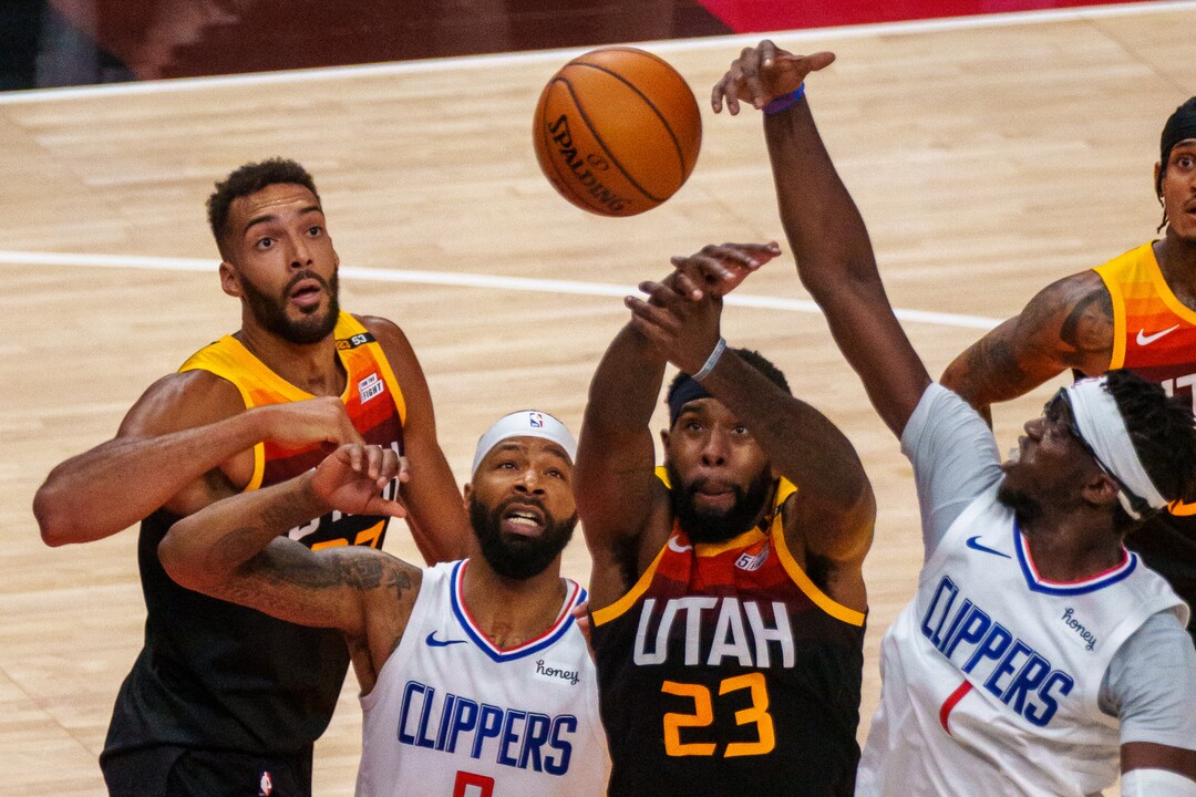 (Trent Nelson  |  The Salt Lake Tribune) Utah Jazz center Rudy Gobert (27), LA Clippers forward Marcus Morris Sr. (8), Utah Jazz forward Royce O'Neale (23), and LA Clippers guard Reggie Jackson (1) as the Utah Jazz host the Los Angeles Clippers in a Game 5 matchup, NBA basketball in Salt Lake City on Wednesday, June 16, 2021.