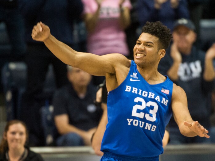 (Rick Egan  |  The Salt Lake Tribune) Brigham Young forward Yoeli Childs (23) celebrates a 23-11 Cougar lead, in basketball action Utah Utes vs. Brigham Young Cougars at the Marriott Center in Provo, Saturday, December 15, 2017.


