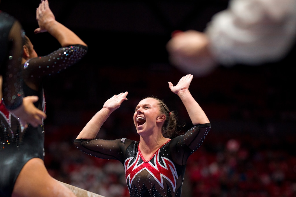 (Trent Nelson  |  The Salt Lake Tribune) Maile O'Keefe scores 10 on the beam as Utah hosts Boise State, NCAA gymnastics in Salt Lake City on Friday, Jan. 5, 2024.