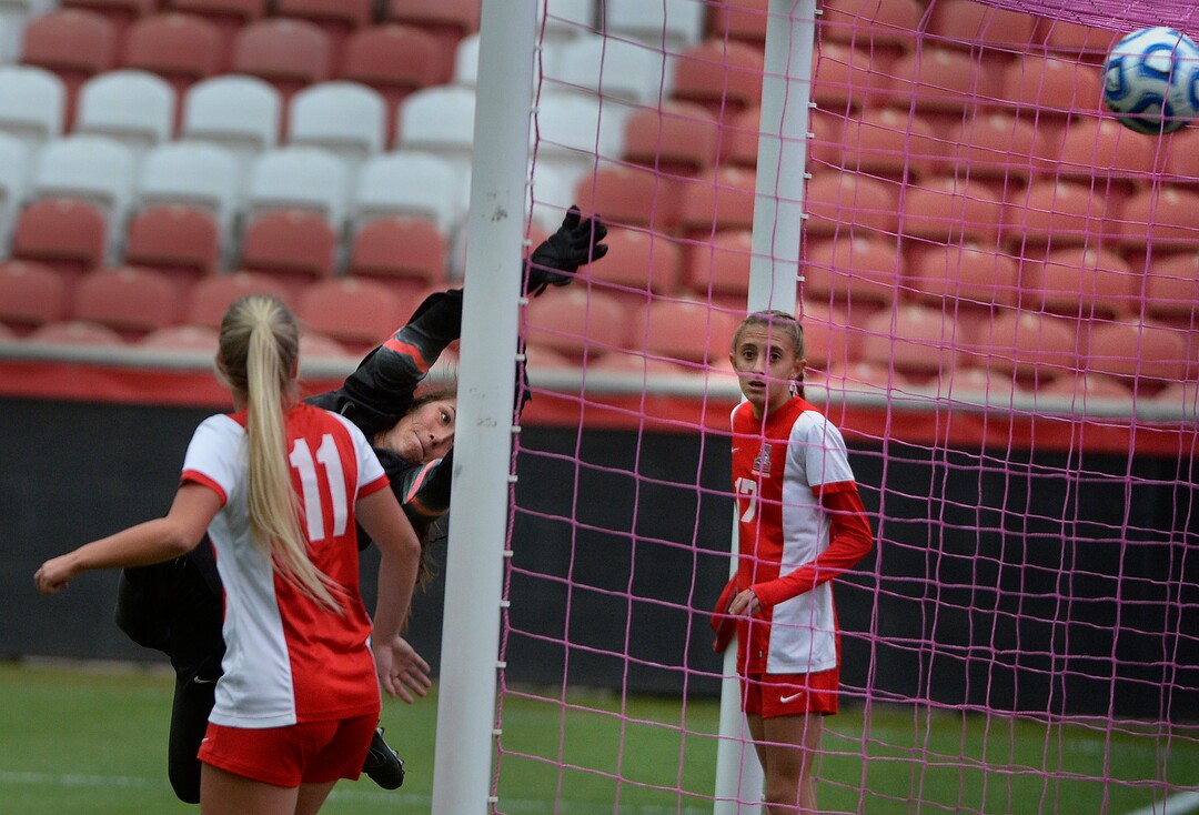 (Scott Sommerdorf   |  The Salt Lake Tribune)   American Fork goalkeeper Haven Empey let in this first half goal, but was spotless after as American Fork beat Syracuse 3-1 to win the 6A championship game played at Rio Tinto, Friday, October 20, 2017. 