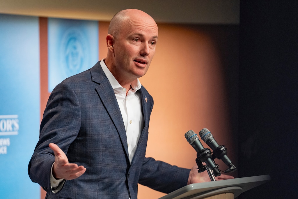 (Rick Egan | The Salt Lake Tribune) Gov. Spencer Cox conducts a news conference in Salt Lake City, Thursday, March 20, 2025.