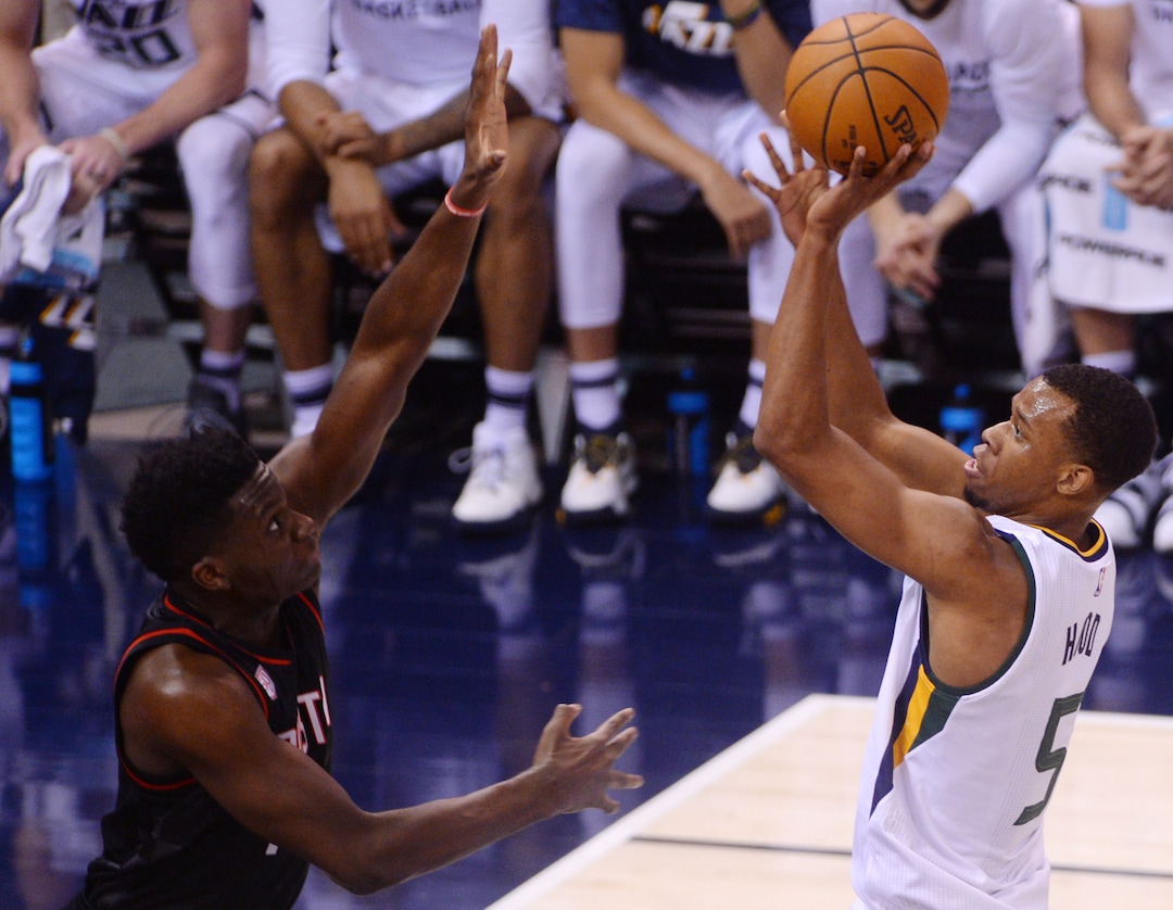 Steve Griffin / The Salt Lake TribuneUtah Jazz guard Rodney Hood (5) floats in the lane for two [oints during the Utah Jazz versus Houston Rockets NBA game at Vivint Smarthome Arena in Salt Lake City Tuesday November 29, 2016. 