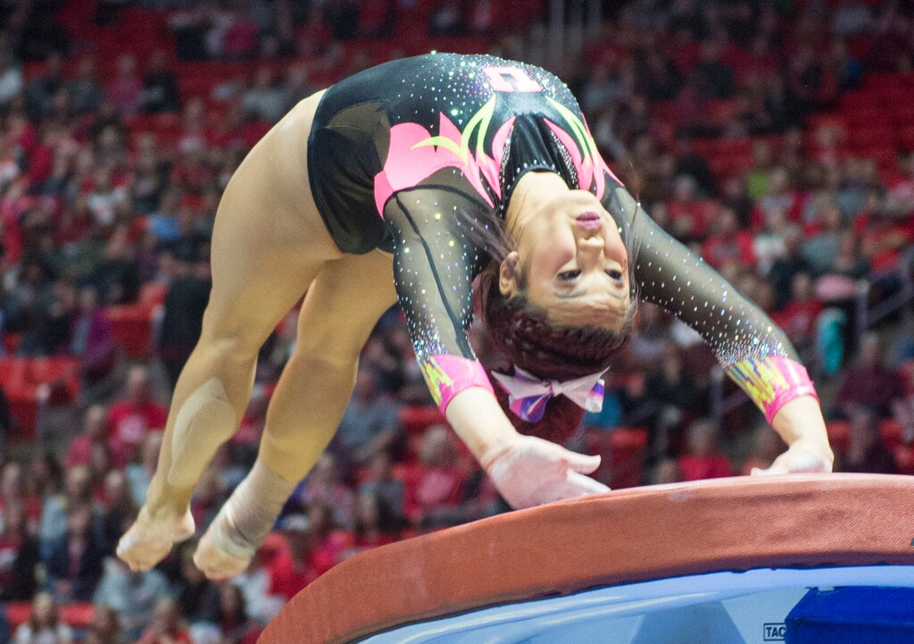 (Rick Egan  |  The Salt Lake Tribune)   Kari Lee competes on the vault for Utah, in Gymnastics action Utah vs. Oregon State at the Jon M. Huntsman Center, Friday, January 19, 2018.