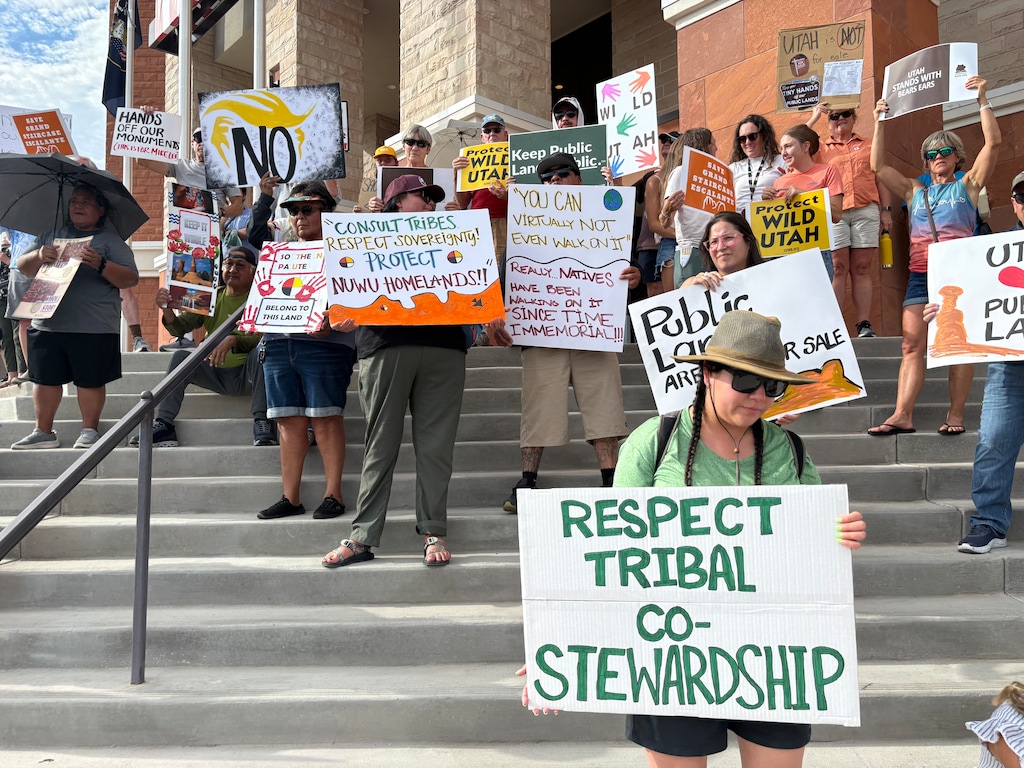 (Brooke Larsen | The Salt Lake Tribune) People protest President Donald Trump's shrinking of Bears Ears and Grand Staircase-Ecalante national monuments in St. George on Monday, July 20, 2026.