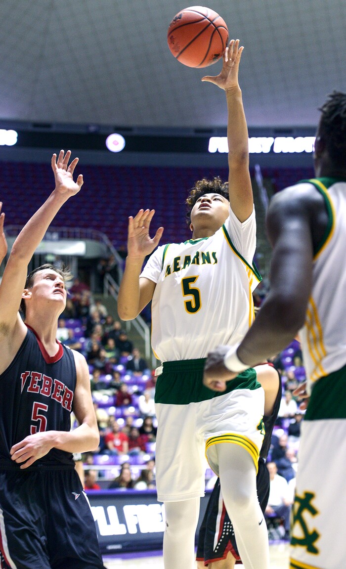 (Leah Hogsten  |  The Salt Lake Tribune) Kearns' Nate Maiava (05) with a bucket. Weber defeated Kearns 60-52 in the 6A High School Boys' Basketball Tournament opening game at Weber State University’s Dee Events Center in Ogden, Tuesday, Feb. 27, 2018. 