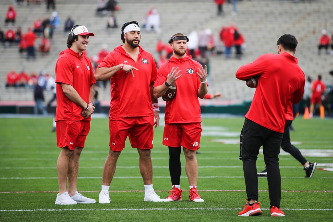 (Meg Oliphant | Special to The Tribune) From left, Dalton Kincaid, Devin Kaufusi and Brant Kuithe of the Utah Utes pose for a photo ahead of the game against the Penn State Nittany Lions at Rose Bowl Stadium on Jan. 2, 2023 in Pasadena, Calif.