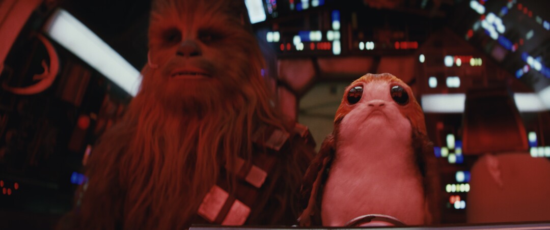 (Courtesy Industrial Light & Magic / Lucasfilm / Disney) A porg rides along in the Millennium Falcon with Chewbacca (Joonas Suotamo) in "Star Wars: The Last Jedi."