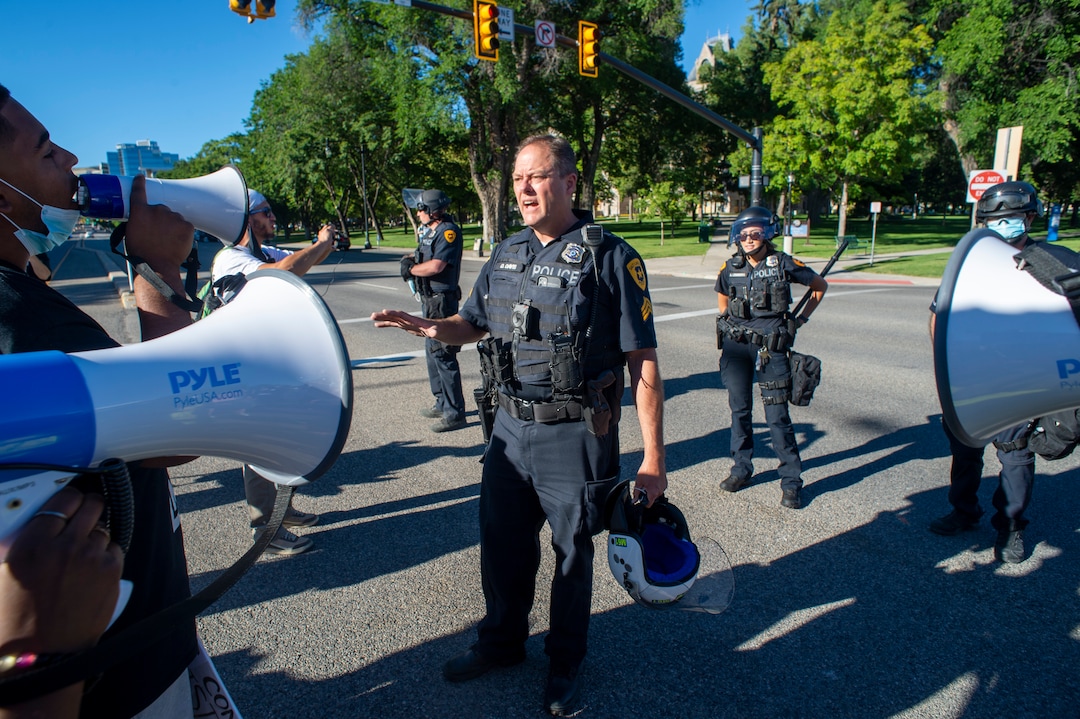 (Rick Egan  |  The Salt Lake Tribune) Salt Lake City Police face off with protesters ust minutes into their nightly march from the District Attorney's office on 500 South in Salt Lake City during a Justice for Bernardo Palacios-Carbajal protest on Tuesday, June 23, 2020.