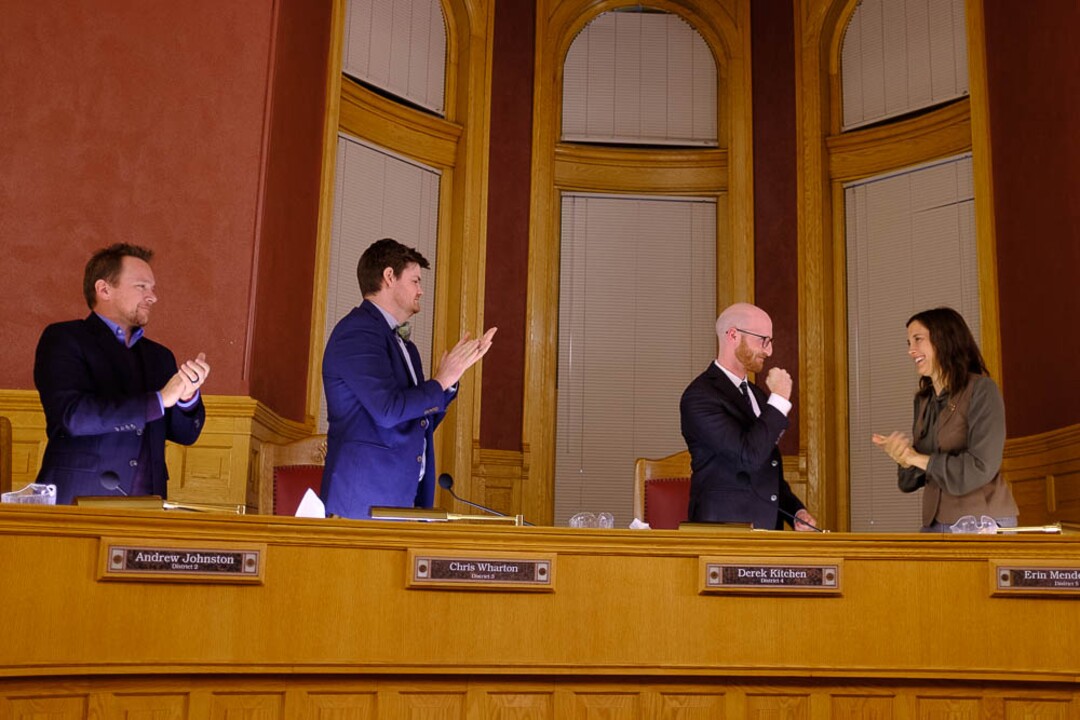 (Trent Nelson | The Salt Lake Tribune)  The city council recognizes outgoing City Council Member Derek Kitchen for his service to Salt Lake City District 4 and as 2018 Redevelopment Agency (RDA) Chair during the council meeting in Salt Lake City on Tuesday Nov. 27, 2018. Left to right are Andrew Johnston, Chris Wharton, Kitchen, and Erin Mendenhall.