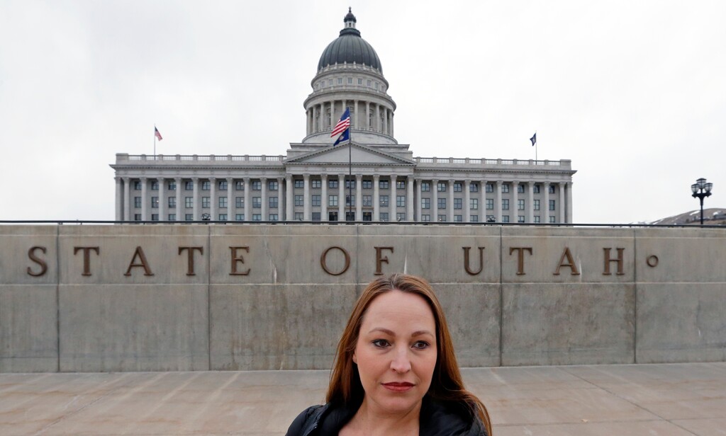 (Rick Bowmer | The Associated Press) In this Feb. 27, 2019, photo, Michelle Aldana is shown at the Utah State Capitol in Salt Lake City. Utah is one of at least four states considering bans this year on the shackling of incarcerated women during childbirth. The Utah measure has passed the state House and is being considered by the Senate. The measure is a relief for mothers like Aldana, who was shackled when she gave birth while incarcerated on a drug charge in 2001.