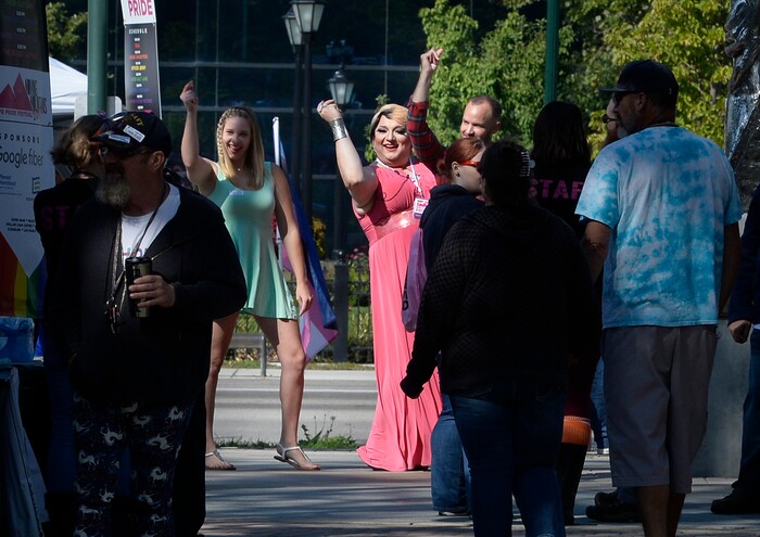 (Scott Sommerdorf   |  The Salt Lake Tribune)   
"Jackie O. Star" - or James Bunker, President of Provo Pride, center, dances at the fifth annual Provo Pride Festival, Saturday, September 16, 2017.
