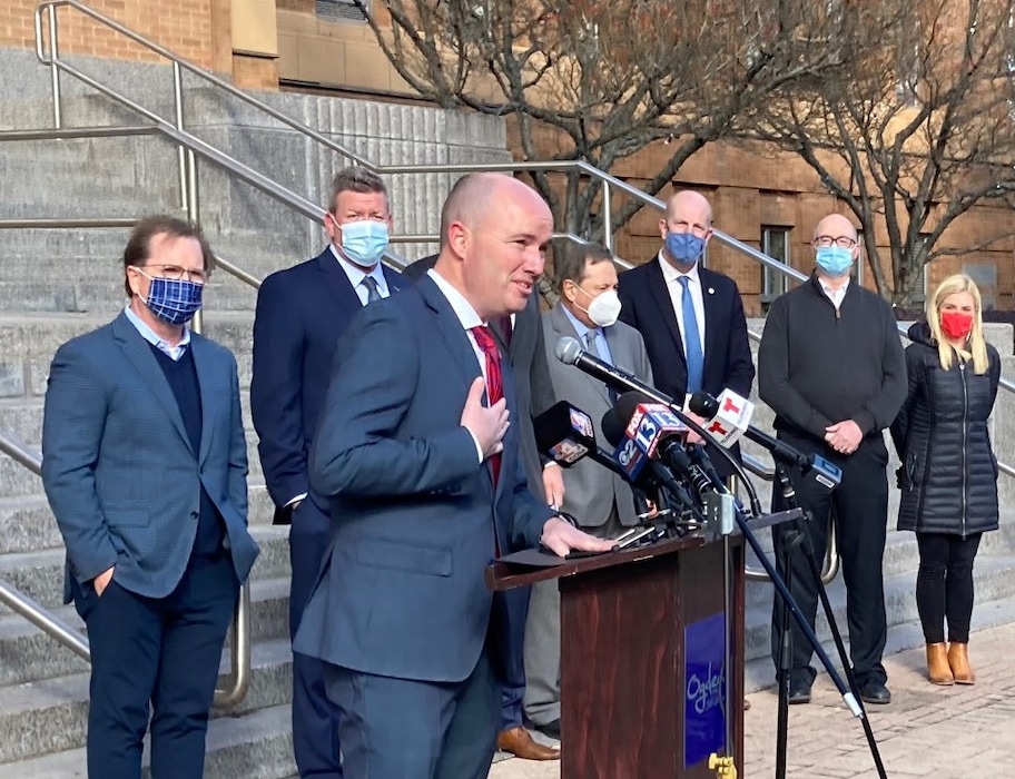 (Leia Larsen | The Salt Lake Tribune) Gov. Spencer Cox discuss Utah's affordable housing challenges at a news conference Tuesday, Feb. 23, 2021, announcing Ogden City's partnership with Landed, a company that provides down payment support for essential workers looking to buy homes.