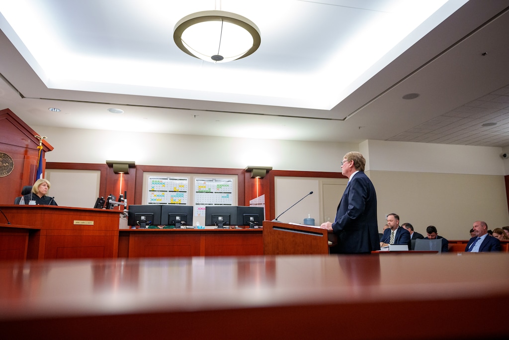 (Trent Nelson | The Salt Lake Tribune) Scott Ryther, with the Utah attorney general’s office and representing the state, during a hearing on Utah Education Association's lawsuit against the Utah Fits All scholarship program, in Salt Lake City on Thursday, Dec. 19, 2024.
