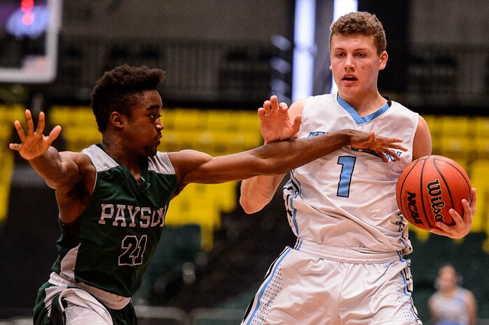 (Trent Nelson | The Salt Lake Tribune)  Payson vs. Sky View, 4A State high school basketball tournament at Utah Valley University in Orem, Thursday March 1, 2018. Sky View's Mason Falslev (1) defended by Payson's Conner Bateman (21).