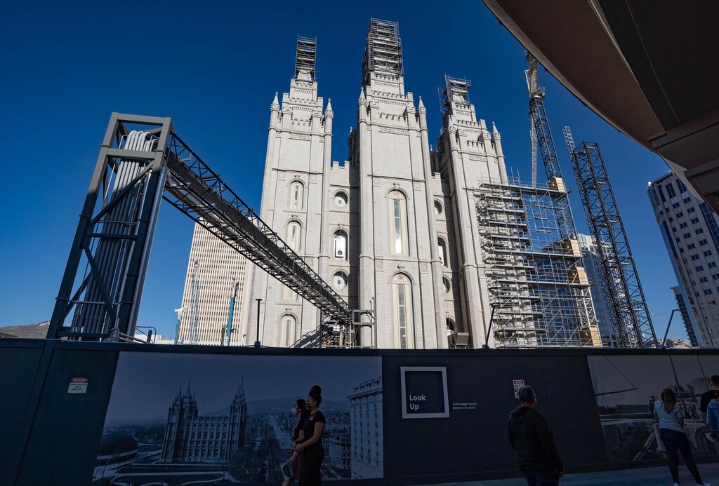 (Francisco Kjolseth  | The Salt Lake Tribune) Work continues on the Salt Lake Temple of The Church of Jesus Christ of Latter-day Saints during its renovation in Salt Lake City on Friday, April 2, 2021.
