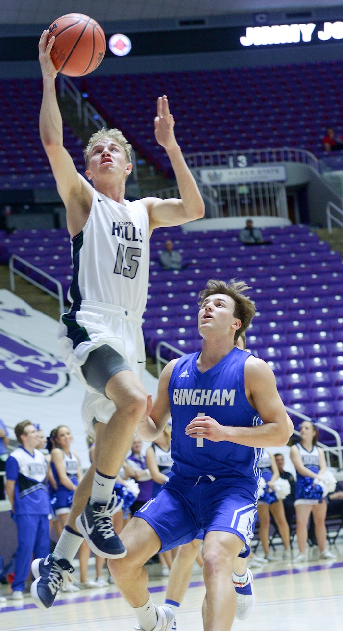 (Leah Hogsten  |  The Salt Lake Tribune) Copper Hills' Jake Jensen (15) had 6 points in the first half. Copper Hills faces Bingham in the 6A High School Boys' Basketball Tournament opening game at Weber State University’s Dee Events Center in Ogden, Tuesday, Feb. 27, 2018. 