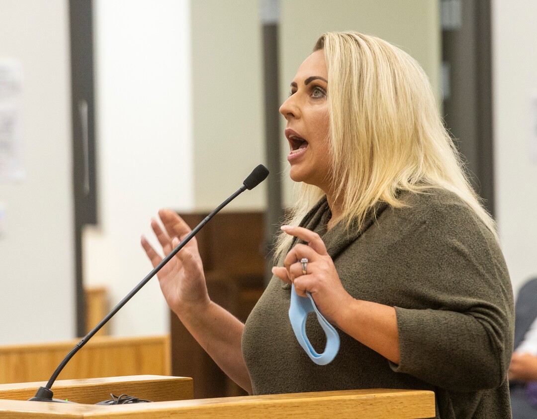 (Rick Egan  |  The Salt Lake Tribune)   Cassidy Ratliff speaks during the public comment period, during the Jordan School Board meeting about the 17 Covid-19 cases at Riverton High School, on Wednesday, Sept. 16, 2020.