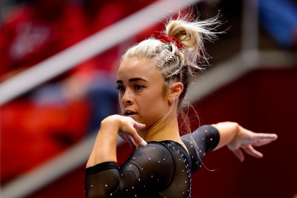 (Trent Nelson  |  The Salt Lake Tribune) Sydney Soloski on the floor as the University of Utah hosts Arizona State, NCAA gymnastics in Salt Lake City on Friday, Jan. 24, 2020.
