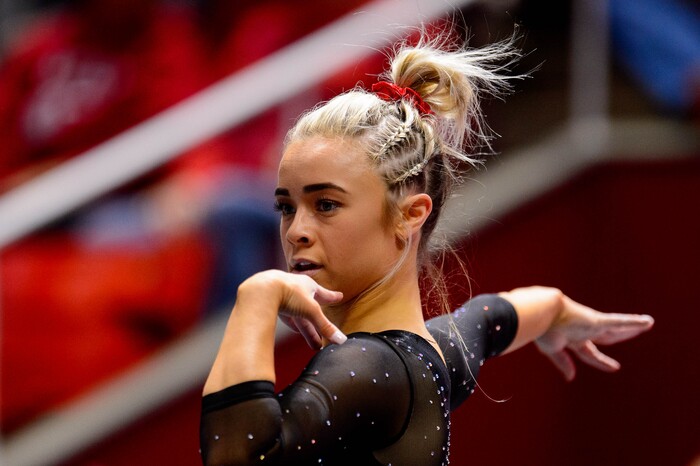 (Trent Nelson  |  The Salt Lake Tribune) Sydney Soloski on the floor as the University of Utah hosts Arizona State, NCAA gymnastics in Salt Lake City on Friday, Jan. 24, 2020.