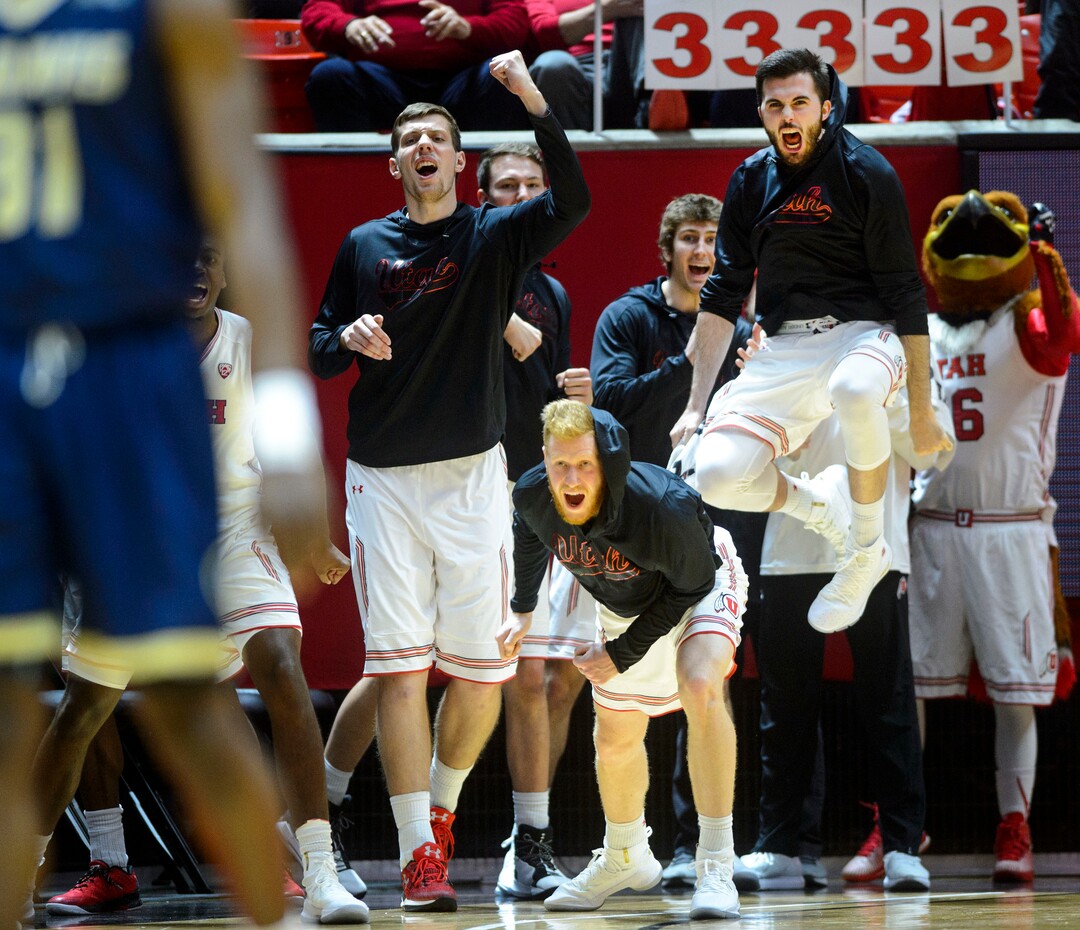 (Steve Griffin  |  The Salt Lake Tribune)  The University of Utah bench goes crazy as the Utes take the lead during their NIT basketball game against UC Davis at the Huntsman Center in Salt Lake City Wednesday March 14, 2018.